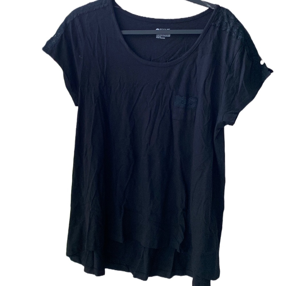 NWT 🖤 HUE Sleepwear Black Soft Cotton/Modal Short-Sleeve PJ Top, Lace Trim, XL